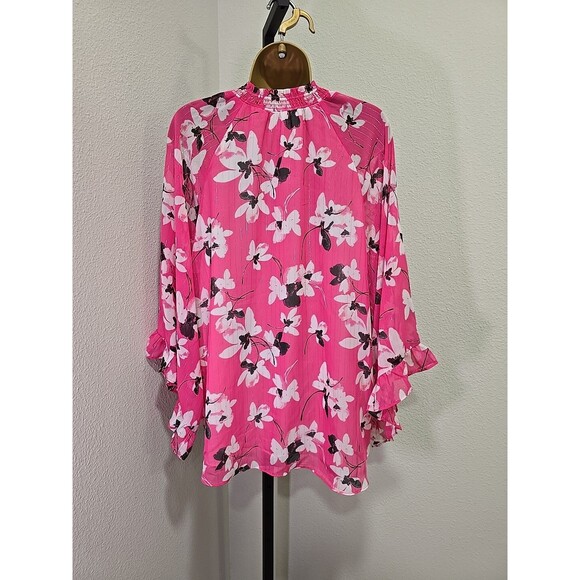 Pink Floral Flare Ruffle Sleeve Office Career Dressy Modest Blouse Womens 14 16 - Picture 5 of 10